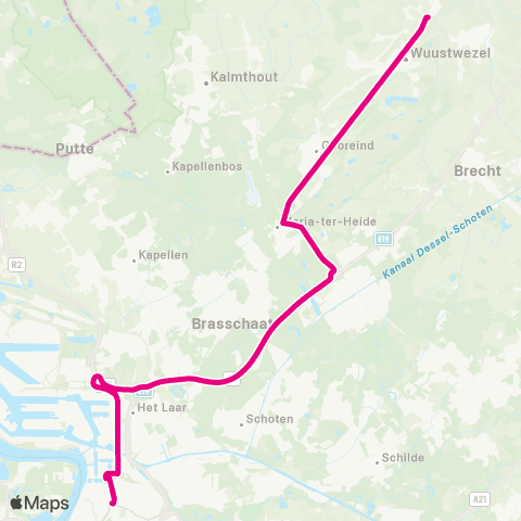 De Lijn Snelbus Wuustwezel - Antwerpen via E19 map