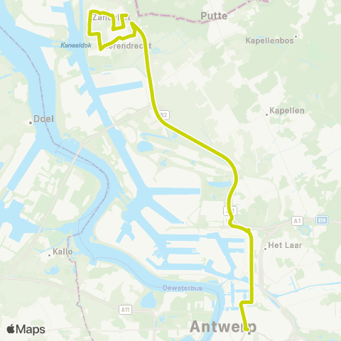 De Lijn Sneldienst Zandvliet - Antwerpen via A12 map