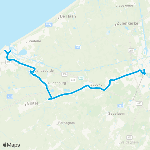 De Lijn Brugge - Jabbeke - Westkerke - Oudenburg - Oostende map