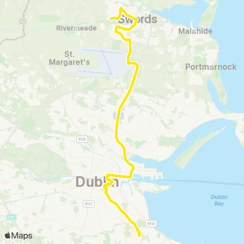 Dublin Bus Swords - UCD Belfield map