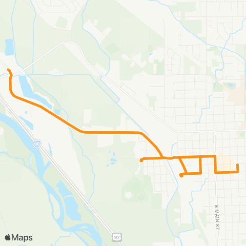 Ellensburg Central Transit I-90 interchange to Dtwn via Dolarway map