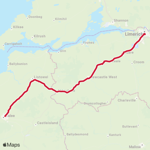 Bus Éireann Limerick - Adare - Listowel - Tralee map