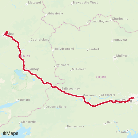 Bus Éireann Tralee - Cork - Waterford - Rosslare map