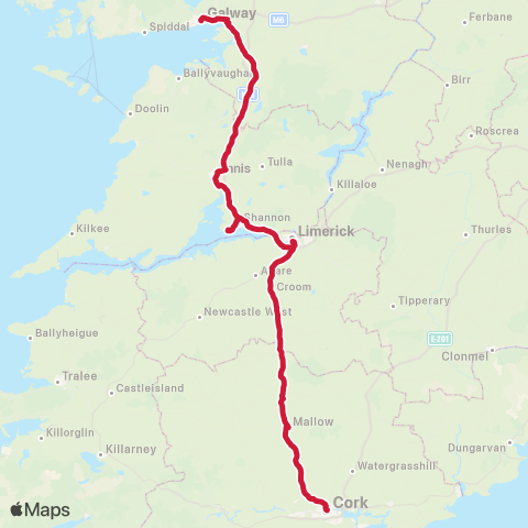 Bus Éireann Cork - Limerick - Galway map
