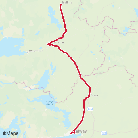 Bus Éireann Ballina - Castlebar - Galway map
