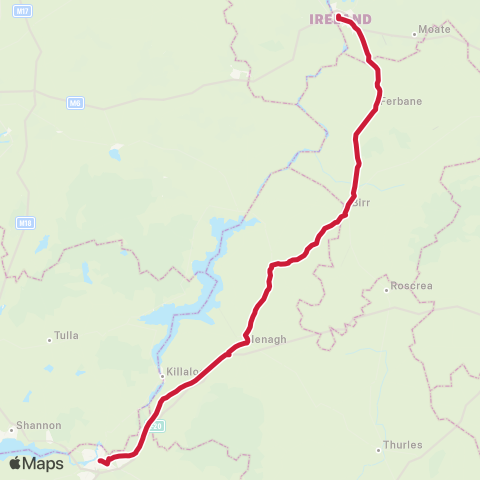 Bus Éireann Limerick - Birr - Athlone map