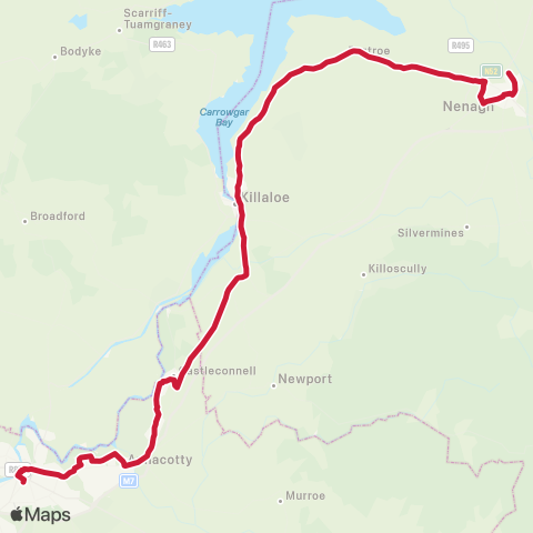 Bus Éireann Limerick - Killaloe - Nenagh - Birr map