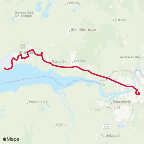 Bus Éireann Limerick - Shannon Airport map