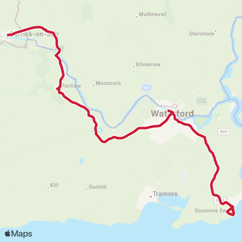 Bus Éireann Portlaw - Waterford - Dunmore East map