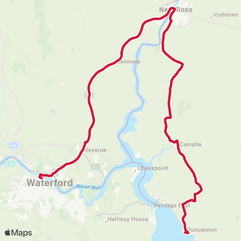Bus Éireann Waterford - New Ross - Wexford map