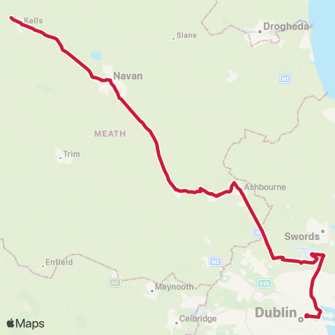 Bus Éireann DCU - Airport - Ratoath - Navan map