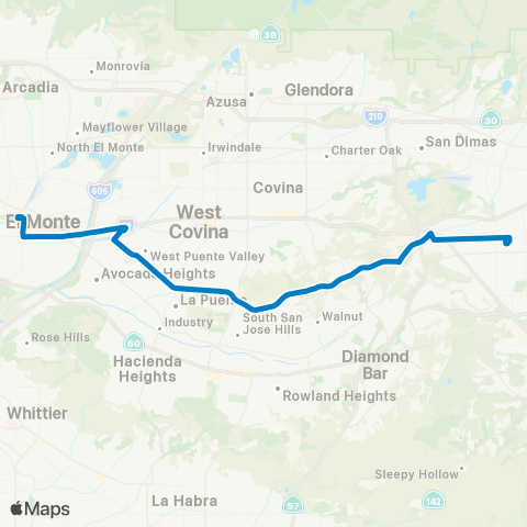 Foothill Transit Pomona-La Puente-El Monte Via Amar Rd map