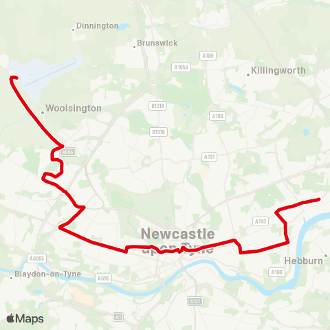 Go North East High St E-Dene Crescent - Newcastle Airport Term map