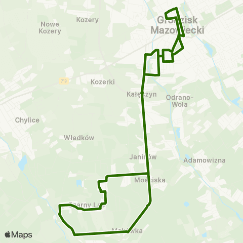 Grodziskie Przewozy Autobusowe Grodzisk Maz. Dw. PKP — Czarny Las Migdałowa map