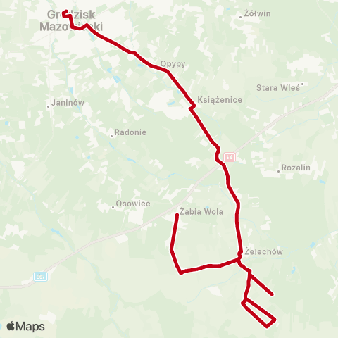 Grodziskie Przewozy Autobusowe Grodzisk Maz. Dw. PKP — Żabia Wola Urząd Gminy map