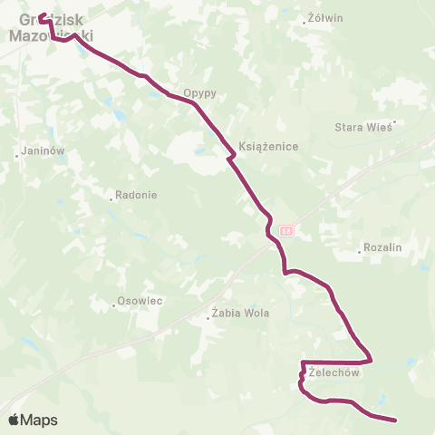Grodziskie Przewozy Autobusowe Ojrzanów Przyleśna — Grodzisk Maz. Dw. PKP map