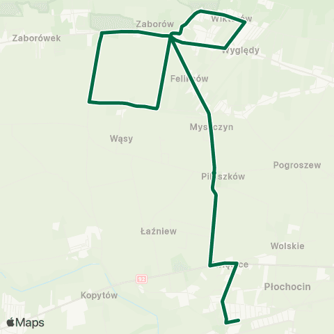 Grodziskie Przewozy Autobusowe Płochocin PKP / Kolejowa — Zaborów Leśna map