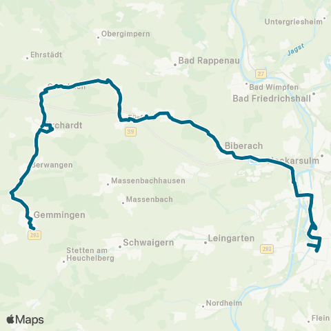 Heilbronner · Hohenloher · Haller Nahverkehr GmbH Heilbronn - Biberach - Gemmingen map