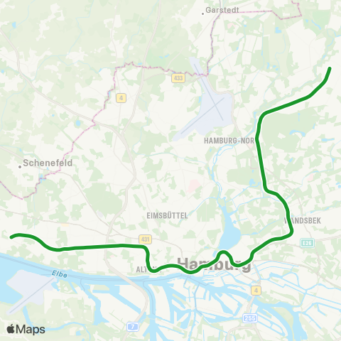 HVV Wedel > Altona > Hamburg Hbf > Ohlsdorf > Poppenbüttel / Hamburg Airport map