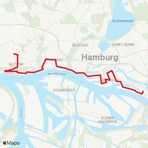 StadtBus/RegionalBus (Hamburg) Bf. Altona > Landungsbr. > Hafencity > Elbbrücken map