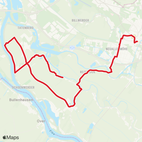 StadtBus/RegionalBus (Hamburg) Moorfleet > Ochsenwerder > Fünfhausen > Reitbrook > Bf. Bergedorf map