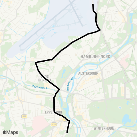 NachtBus Winterhude > Hamburg Airport map