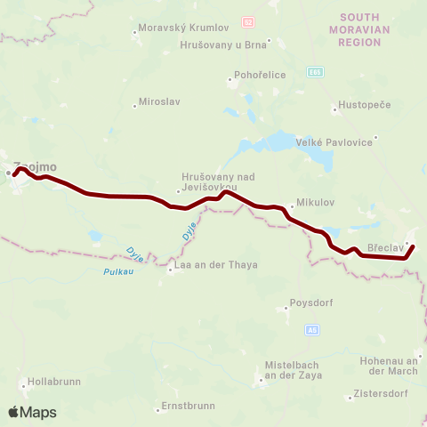 IDS JMK Znojmo - Hrušovany N.J.-Šanov - Mikulov - Valtice - BřEclav map