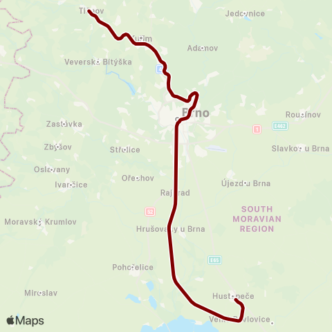 IDS JMK KřIžanov - Tišnov - Brno Hl.N. - Vranovice - Šakvice - Hustopečetišnov - Brno Hl.N. - Židlochovice map