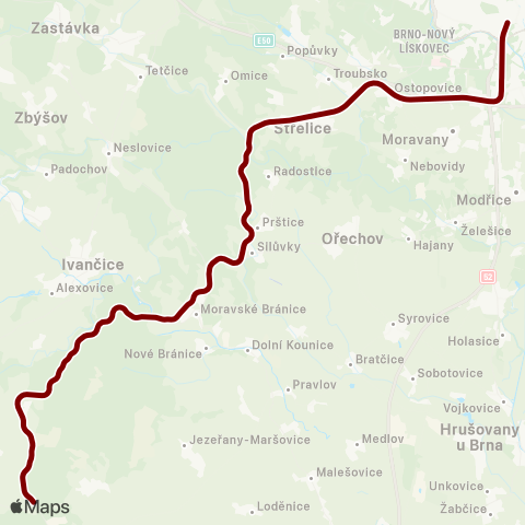 IDS JMK Hrušovany N.J.-Šanov - Bohutice - Moravský Krumlov - Moravské Bránice - StřElice - Brnoivančice - Moravské Bránice - StřElice - Brno map