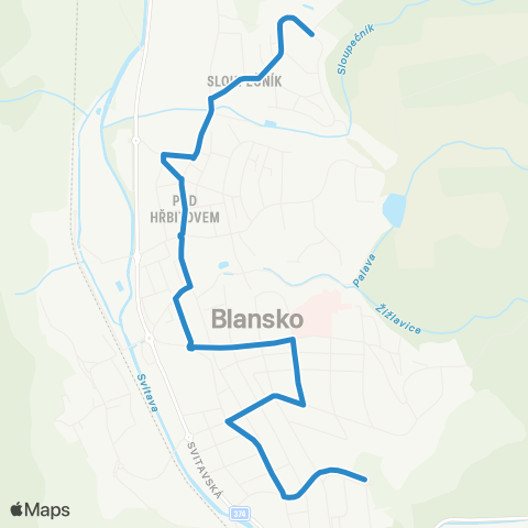 IDS JMK Blansko: Písečná, Penzion – Autobusové Stanoviště – Okružní map