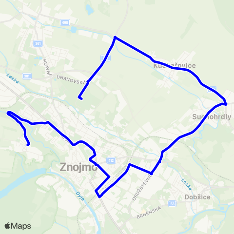IDS JMK Znojmo: Hradiště – Železniční Stanice – Suchohrdly – KuchařOvice - Nemocnice map