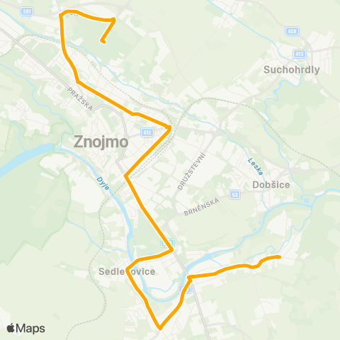 IDS JMK Znojmo: Nemocnice - Železniční Stanice - Nový Šaldorf - Oblekovice map