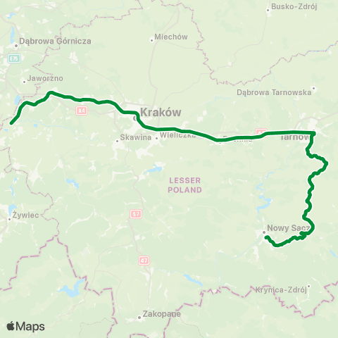 Koleje Małopolskie Kraków Główny — Tarnów — Nowy Sącz — Krynica-Zdrój (Przyspieszony) map