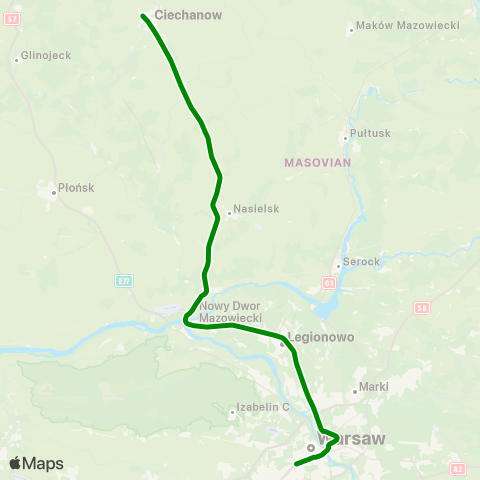 Koleje Mazowieckie Warszawa — Działdowo map