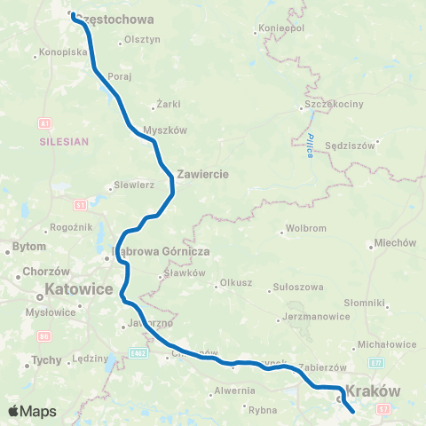 Koleje Śląskie Częstochowa — Trzebinia — Kraków map