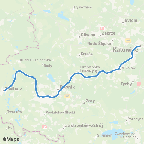 Koleje Śląskie Katowice — Rybnik — Racibórz map