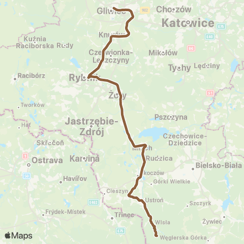 Koleje Śląskie Gliwice — Rybnik — Skoczów — Wisła map