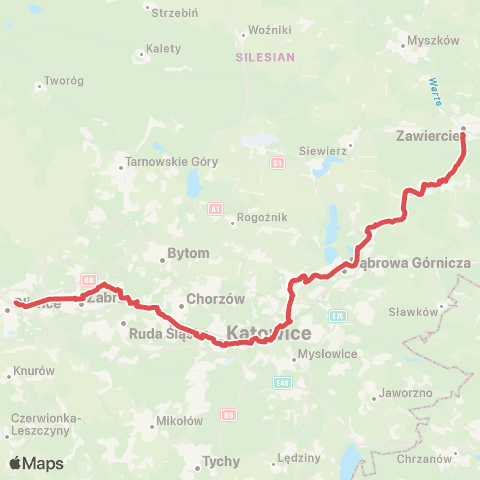 Koleje Śląskie Gliwice — Katowice — Częstochowa (Zastępcza Komunikacja Autobusowa) map