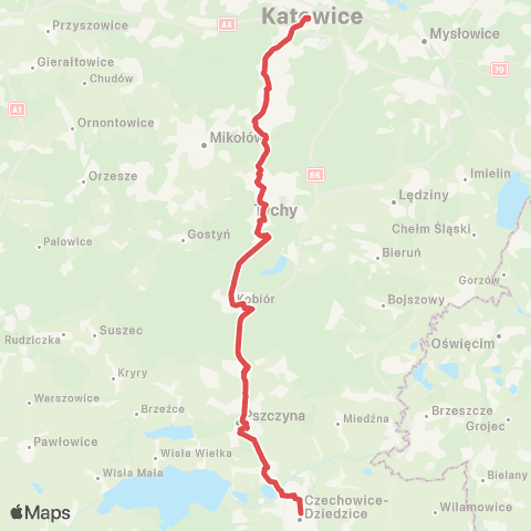 Koleje Śląskie Katowice — Bielsko-Biała — Zwardoń (Zastępcza Komunikacja Autobusowa) map