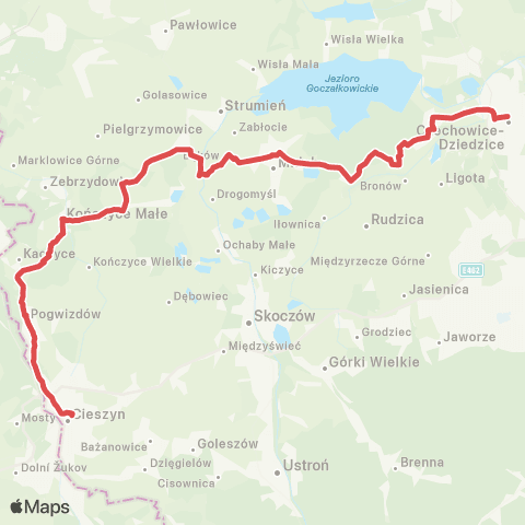 Koleje Śląskie Czechowice-Dziedzice — Zebrzydowice — Cieszyn (Zastępcza Komunikacja Autobusowa) map