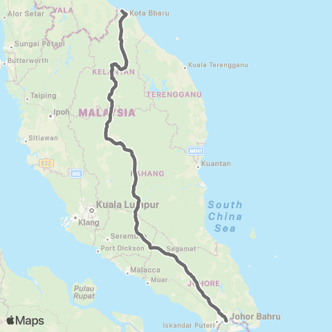KTM Intercity Ekspres Rakyat Timuran Tumpat - Jb Sentral map