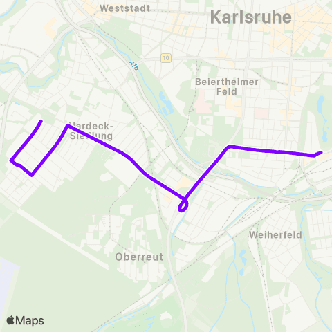 KVV Entenfang (Karlsruhe) ↔︎ Karlsruhe Hbf (Vorpl.) map