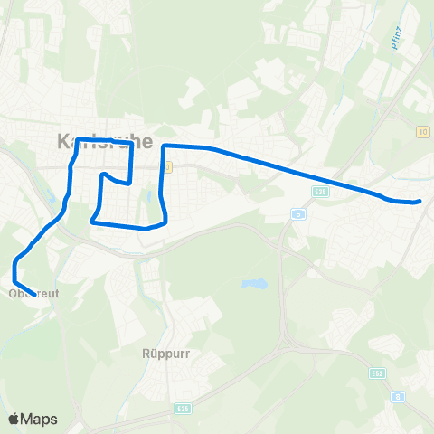 KVV N L 2 Oberreut über Hbf ↔︎ N L 2 Durlach über  Z K M map