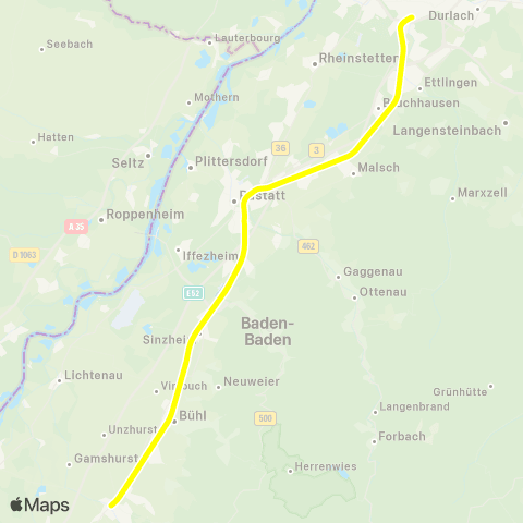 KVV Baden-Baden ↔︎ Karlsruhe Hbf map