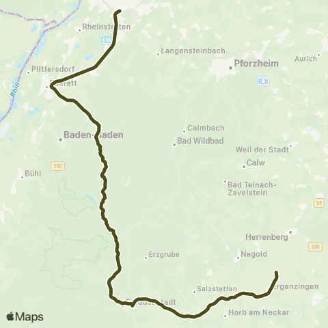 KVV Bondorf  ↔︎ Karlsruhe Hbf map