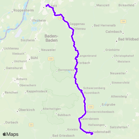 KVV S E V Freudenstadt Hbf ↔︎ S E V Rastatt map