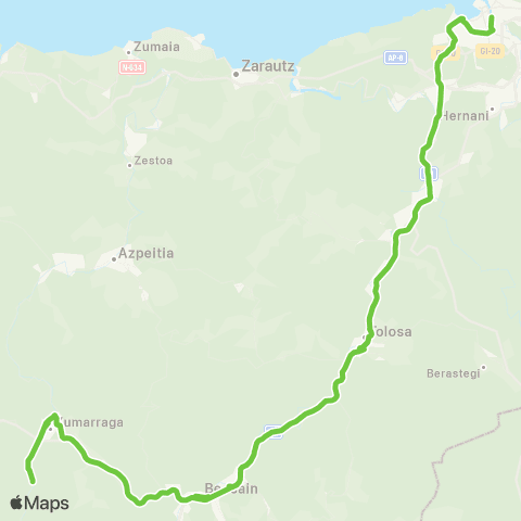 Lurraldebus Zumarraga↔Beasain↔Ordizia↔Tolosa↔Donostia map