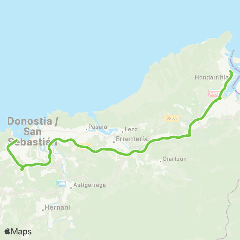 Lurraldebus Hondarribia↔Irun (Mendeb / Oest)↔Donostia (Ap-8) map