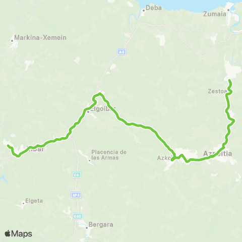 Lurraldebus Zestoa↔Azpeitia↔Azkoitia↔Elgoibar↔Eibar↔Ermua map