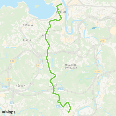 Lurraldebus Hernani↔Donostia (Aietetik) map